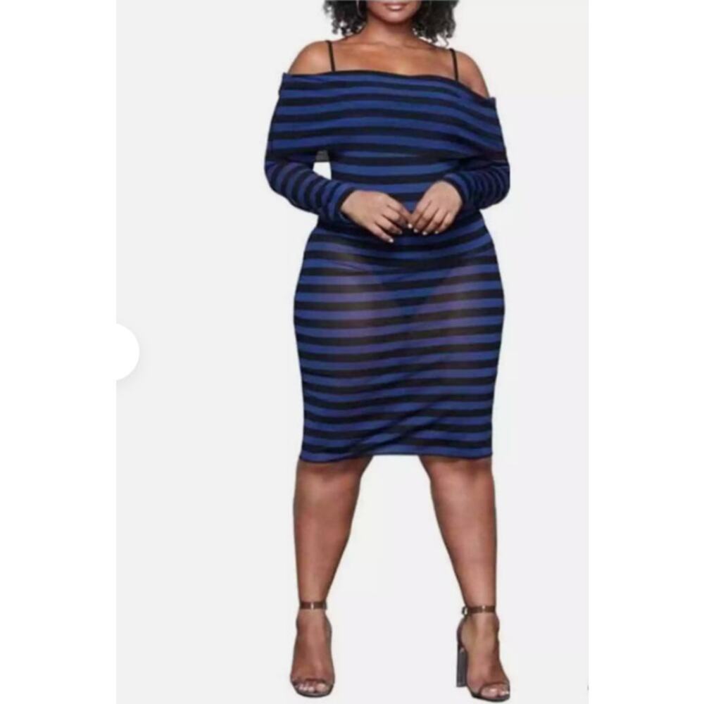 Good American Sheer Stripe Off Shoulder Dress, GA Size 3 US Size Large 10-12 NWT